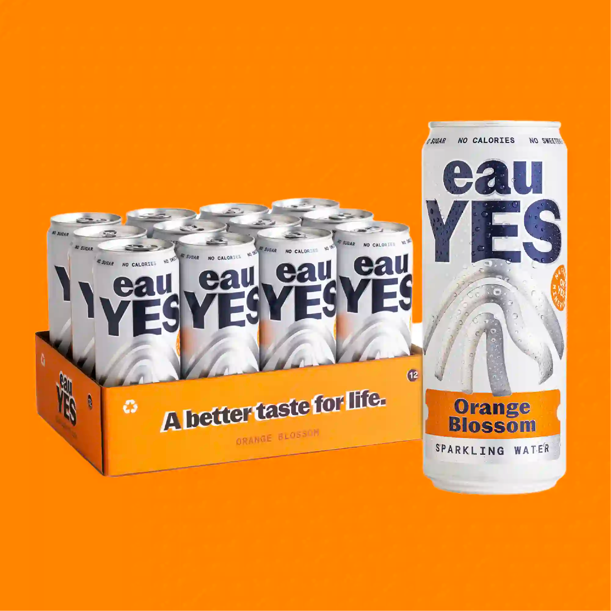 eauYES orange blossom sparkling water 12 cans and box