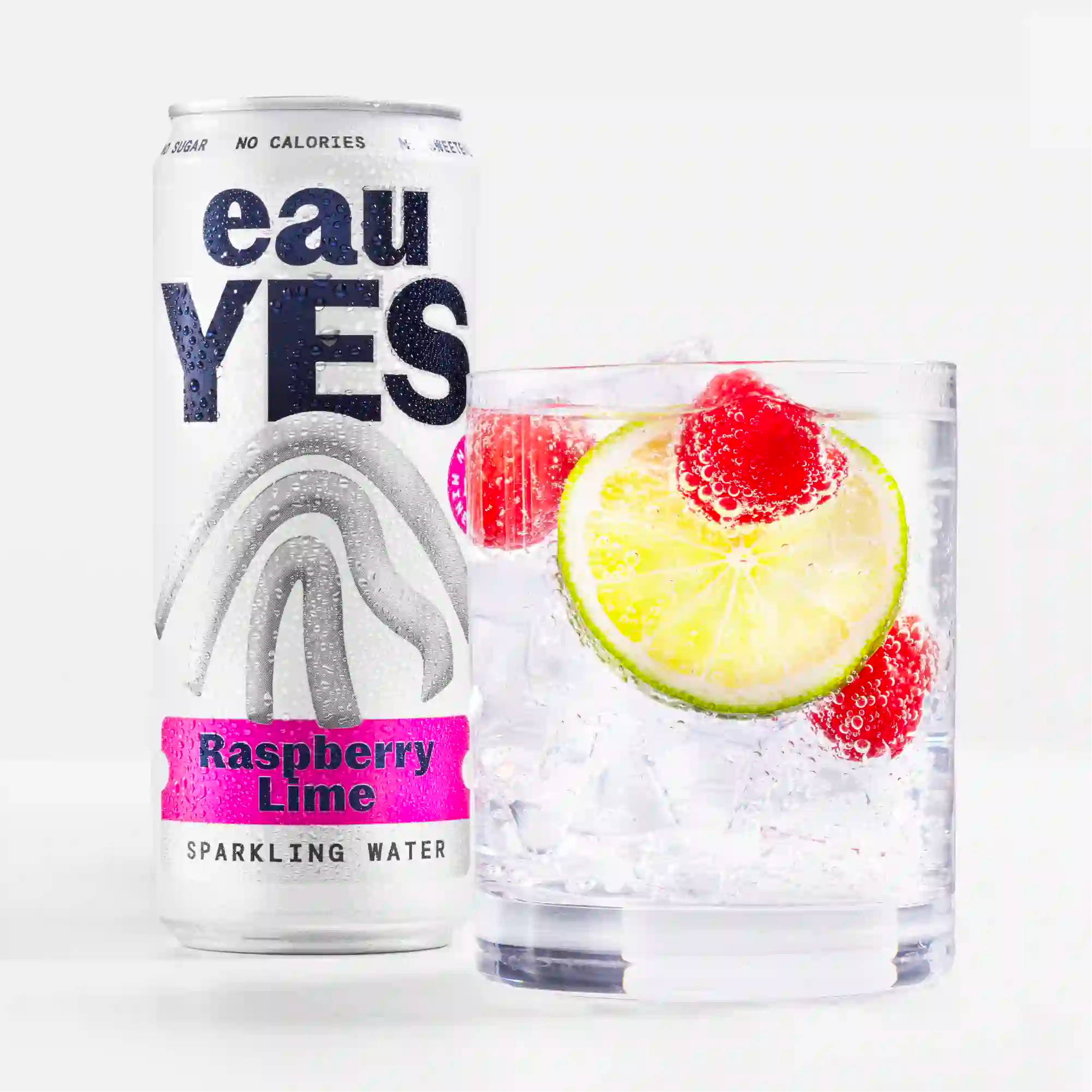 eauYES raspberry lime sparkling water can and glass